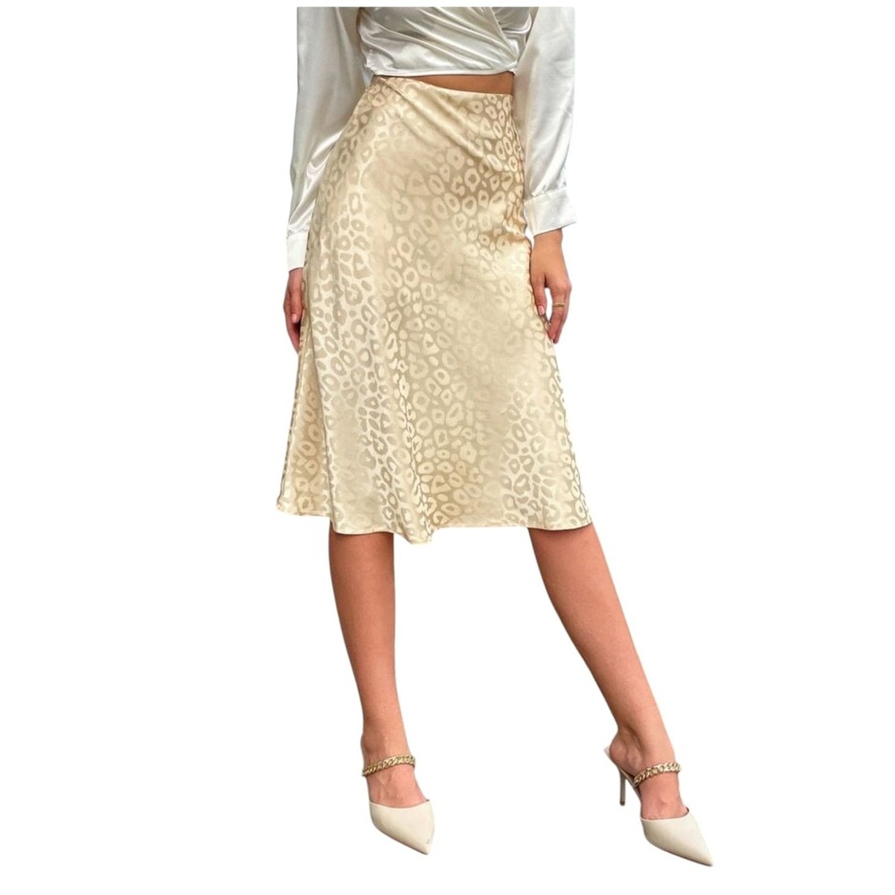 New Alya Francesca´s Women's Ivory Stella Animal Print Satin Midi Skirt Size L